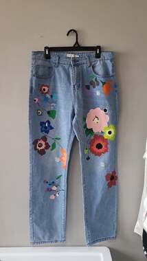 Misslook Floral Print Distressed Denim Jeans Size XL